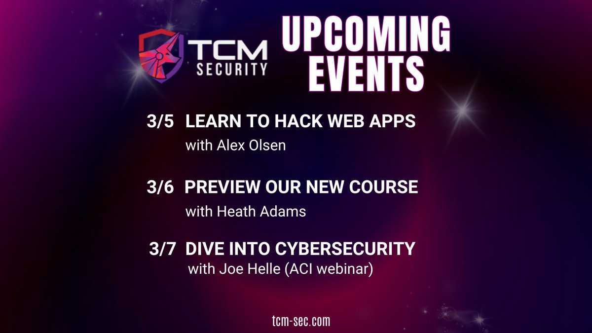 TCM Security (@tcmsecurity) on Twitter photo This week: <a href="/appSecExp/">Alex Olsen</a> will be live hacking, Heath will be streaming and dropping info about our new course, and Joe Helle will be a guest in a #cybersecurity webinar for ACI Learning. Don't forget that our #cert the PJOR (Practical Junior #OSINT Researcher) is live, too! This week: <a href="/appSecExp/">Alex Olsen</a> will be live hacking, Heath will be streaming and dropping info about our new course, and Joe Helle will be a guest in a #cybersecurity webinar for ACI Learning. Don't forget that our #cert the PJOR (Practical Junior #OSINT Researcher) is live, too!