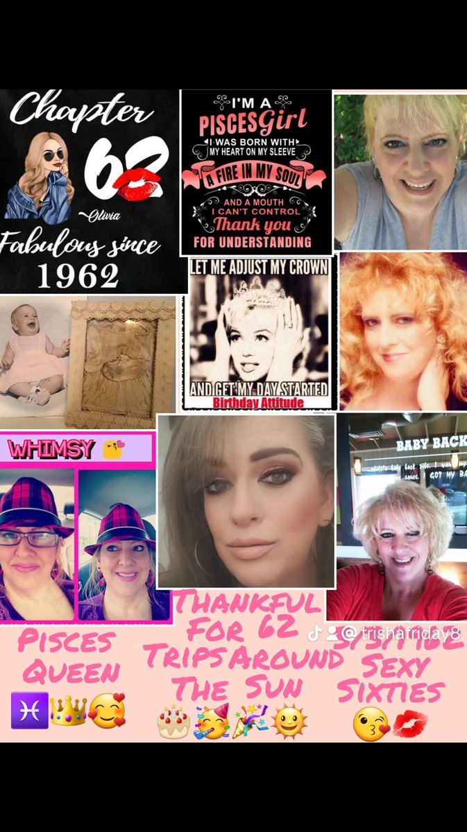 sallyjean39's tweet photo. The bottom middle pic is my current version of myself 😉 
Living my best life in my sexy sixties 😘💋 Always a work in progress but I believe I don't look too shabby for 62 🎂🥳🎉
#sexysixties #piscesseason 
#piscesseasoninfulleffect 
#piscesqueen ♓️👑😍 https://t.co/lYEA1HpmaJ