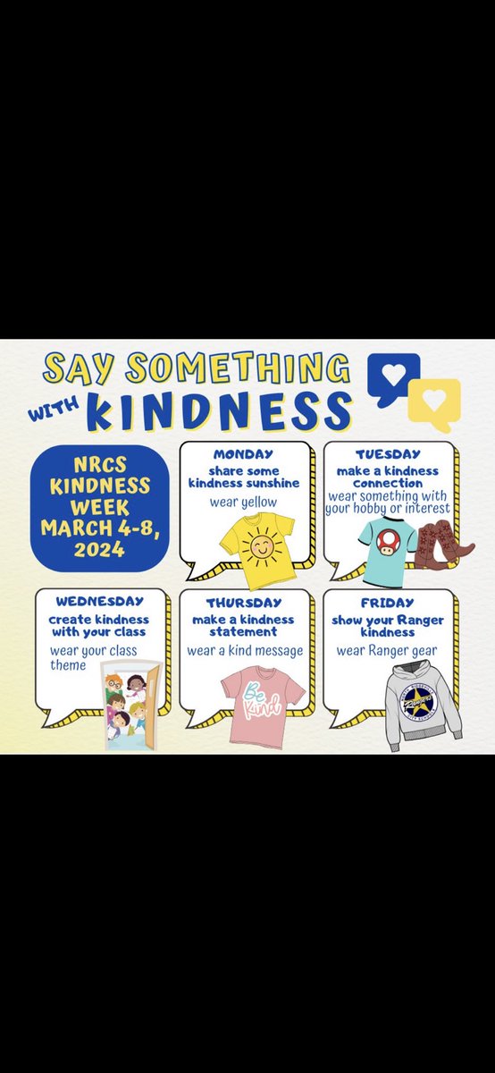 Hey <a href="/NRAC3_8/">NRAC 3-8</a>!  Remember to wear some yellow tomorrow to kick off kindness week.  #RangerSTRONG <a href="/NRCSRangers/">North Ridgeville City Schools</a>