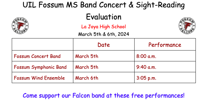 Fossumband's tweet photo. Come support our Falcon Band at UIL.  @fossumfalconms1 @McAllenISD @fineartsmcallen https://t.co/S1FnY7OOcE