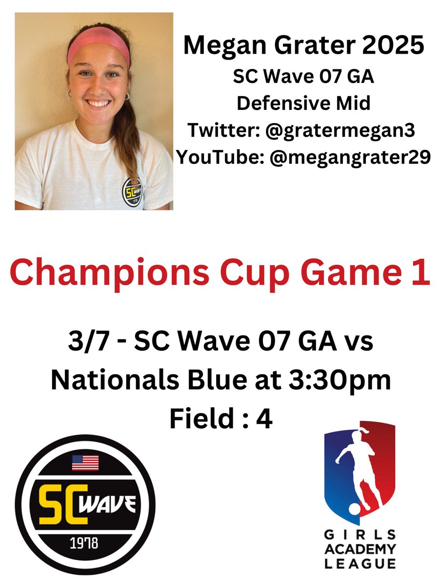 Megan Grater (@gratermegan3) on Twitter photo Super excited to get back on the pitch with my <a href="/wave_sc/">SC Wave 07 Girls Academy</a> teammates! Here is our first game schedule. Please come check out my talented team and I compete!
<a href="/IanBennett26/">Ian Bennett</a> <a href="/Oliviero21/">Giuliano Oliviero</a> <a href="/SCWAVEROC/">SC WAVE</a> <a href="/GAcademyLeague/">Girls Academy</a> <a href="/ImYouthSoccer/">ECNL/GA/Recruiting/College Soccer</a> <a href="/ImCollegeSoccer/">College Soccer Truth ™</a> Super excited to get back on the pitch with my <a href="/wave_sc/">SC Wave 07 Girls Academy</a> teammates! Here is our first game schedule. Please come check out my talented team and I compete!
<a href="/IanBennett26/">Ian Bennett</a> <a href="/Oliviero21/">Giuliano Oliviero</a> <a href="/SCWAVEROC/">SC WAVE</a> <a href="/GAcademyLeague/">Girls Academy</a> <a href="/ImYouthSoccer/">ECNL/GA/Recruiting/College Soccer</a> <a href="/ImCollegeSoccer/">College Soccer Truth ™</a>