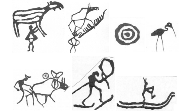 Tom Nehri çevresi kaya resim alanlarından Tomsk Pisanitsa kaya resim alanına ait çeşitli kaya resimleri. Aşağıdaki kaya resimleri arasında en özel ve önemli olanı kayak yapılan kaya resimleridir ve bu resimlere oldukça nadir rastlanır.