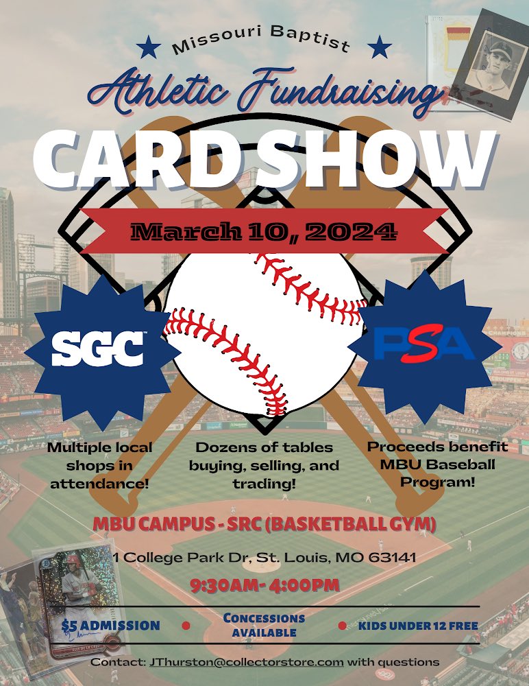 One week away! MBU Card show fundraiser! Sports cards, memorabilia, grading submissions with PSA. Over 50 tables! #cardshow #sportscards #STL