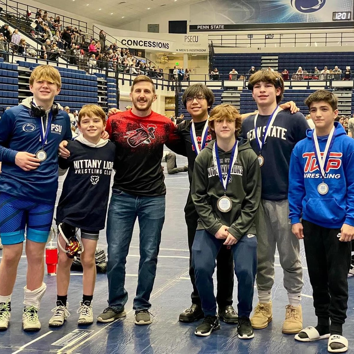 Pat Higgins, Penn State Alumni &amp; Members of his Centurion WC 
Great Day back at the NLWC Kid’s Tourney in Rec Hall Today 3/3  
"Proud of all these Boys for coming up &amp; competing hard, one day soon they may even be wrestling in Rec Hall!!" Pat
<a href="/PatHiggs96/">Hat Piggins</a> <a href="/CenturionWCNJ/">Centurion Wrestling Club NJ</a>