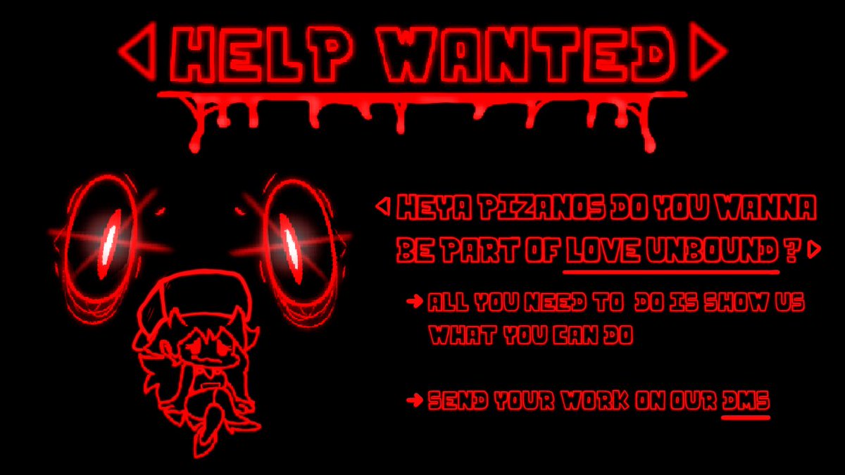 Loved_Unbound's tweet photo. Heya Pizannos.

We are currently looking for a few people rn.

2 Musicians 
1 Menu Artist
1 Cutscene Animator 
Gf VA
Pico VA
Super Horror Mario/ Ultra M VA

Of Course if you don’t fit the above, still give it a try. I love to see your work either way. https://t.co/ruWmqDRfwZ