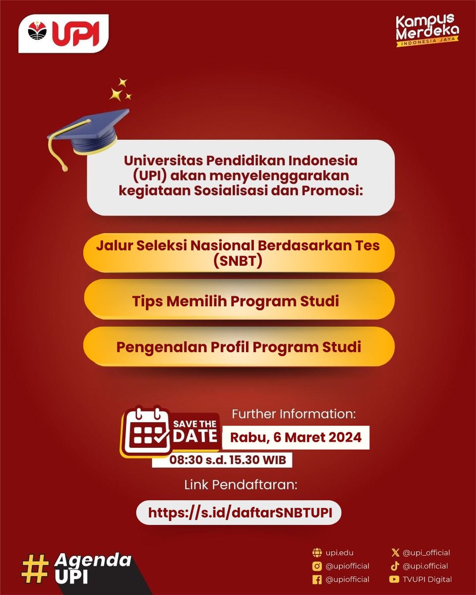 Kegiatan Sosialisasi dan Promosi ini sebagai program diseminasi/perluasan informasi tentang UPI kepada Masyarakat.   

Informasi lebih lanjut dan link pendaftaran melalui s.id/daftarSNBTUPI

#AgendaUPI #SNPMBUPI  #SNBTUPI2024 #PelopordanUnggul