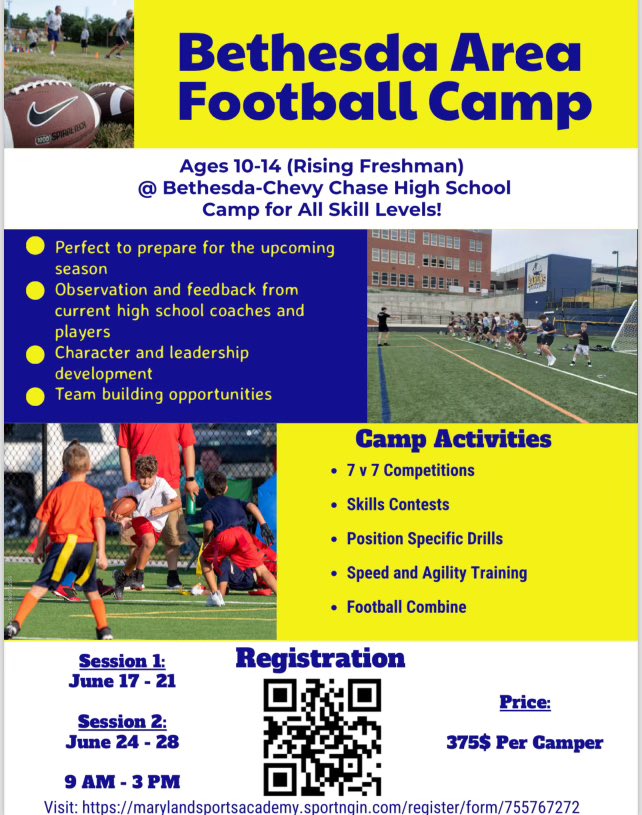 Bethesda Area Youth Football Camp is back! Come out, have fun &amp; learn the fundamentals of football before your season starts.
This year is extra special! You have two BCC head coaches running camp! <a href="/CoachMinturn/">Ben Minturn</a> &amp; Coach Schwartzback!
Signup today! 
Link: marylandsportsacademy.sportngin.com/register/form/…