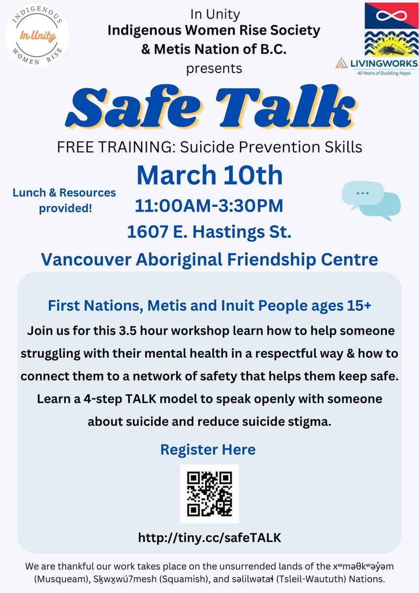 Thankful for this partnership @IWR_Society and @MetisNationBC to bring this important training to our people in YVR #SuicidePrevention #FirstNations #Metis and #Inuit welcomed to attend. Next Sunday 10th of March ❤️