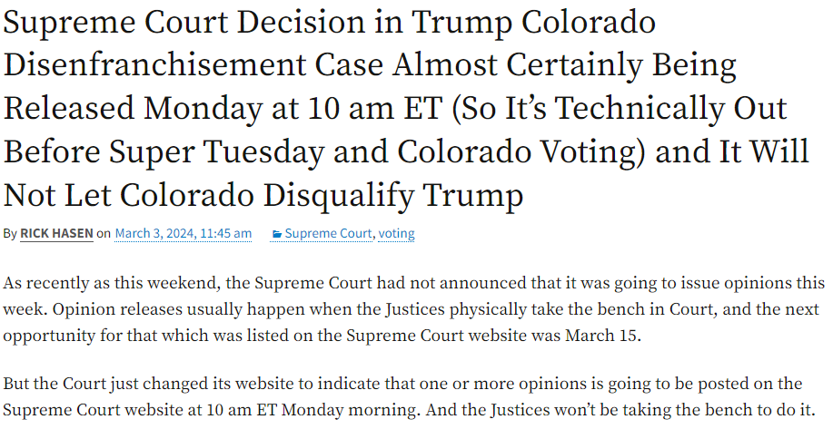 johnpelwood's tweet photo. So @rickhasen, @EdWhelanEPPC, @lawrencehurley, and to a lesser extent @chrisgeidner all seem to expect that we'll get the #SCOTUS decision in the Colorado Trump ballot case tomorrow morning at 10 am, ahead of the March 5 Colorado primary. Everyone brace for a day of Hot Takes. https://t.co/GXPsA4JpAb
