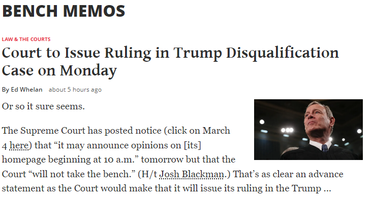 johnpelwood's tweet photo. So @rickhasen, @EdWhelanEPPC, @lawrencehurley, and to a lesser extent @chrisgeidner all seem to expect that we'll get the #SCOTUS decision in the Colorado Trump ballot case tomorrow morning at 10 am, ahead of the March 5 Colorado primary. Everyone brace for a day of Hot Takes. https://t.co/GXPsA4JpAb