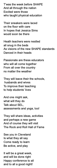 Kristen Santos (Yoga in Phys Ed) (@ksantosyoga) on Twitter photo Here is a poem to get us excited for the SHAPE America Conference. Please share!
#SHAPECleveland <a href="/SHAPE_America/">SHAPE_America</a> <a href="/PhysedGames/">PhysEdGames</a> <a href="/OPENPhysEd/">OPEN Phys Ed</a> <a href="/cbasile14/">Christine Basile</a> @in_SPIRE_Ed @MAHPERD24 <a href="/MaineAHPERD/">Maine AHPERD</a> @kniper1 <a href="/carmelhealth/">Andrew Milne</a> Here is a poem to get us excited for the SHAPE America Conference. Please share!
#SHAPECleveland <a href="/SHAPE_America/">SHAPE_America</a> <a href="/PhysedGames/">PhysEdGames</a> <a href="/OPENPhysEd/">OPEN Phys Ed</a> <a href="/cbasile14/">Christine Basile</a> @in_SPIRE_Ed @MAHPERD24 <a href="/MaineAHPERD/">Maine AHPERD</a> @kniper1 <a href="/carmelhealth/">Andrew Milne</a>