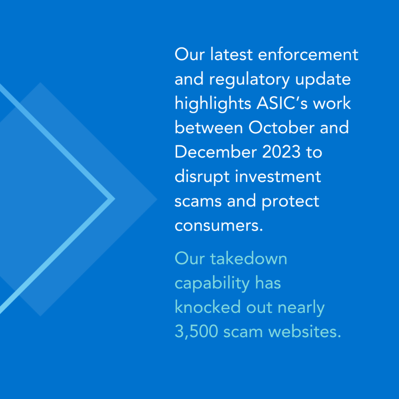 asicmedia's tweet photo. Our latest #enforcement and #regulatory update highlights our work to disrupt investment #scams, and how our surveillance activity has been targeted to prevent consumer harm with a focus on market integrity, greenwashing, insurance failures and compliance https://t.co/f2bbn7lYKV
