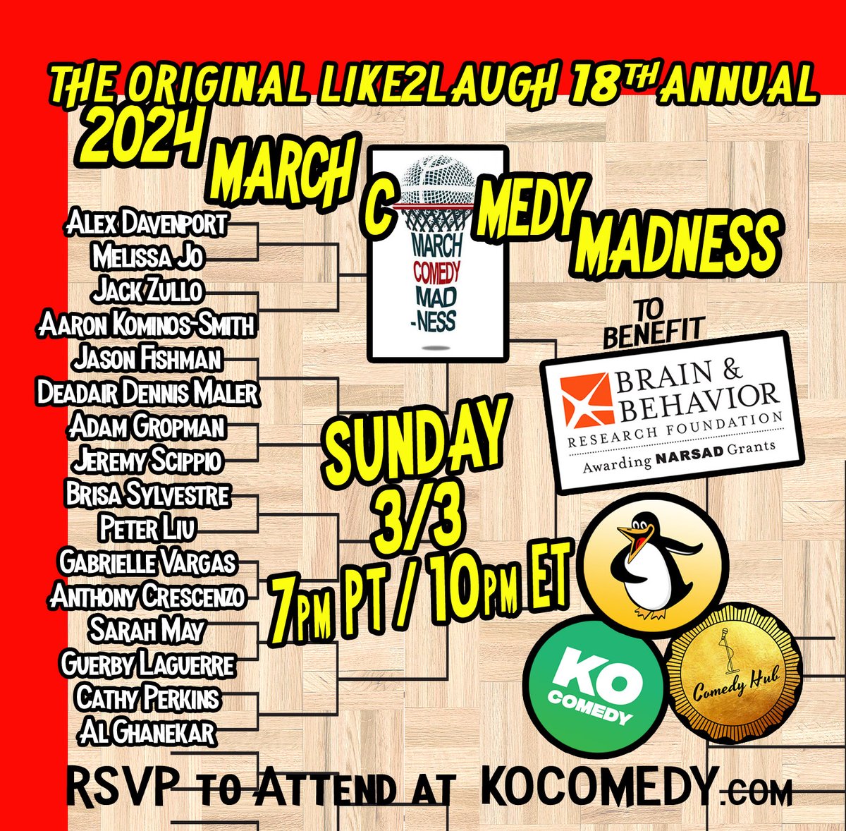 TONIGHT!!! The 18th Annual March Comedy Madness kicks off. Join @Like2Laugh4Real presenting a month worth of fundraising for @BBRFoundation. Get your free Zoom link at KOComedy.com, or watch on Twitch with @ComedyHubLive #KO #Comedy #LOL