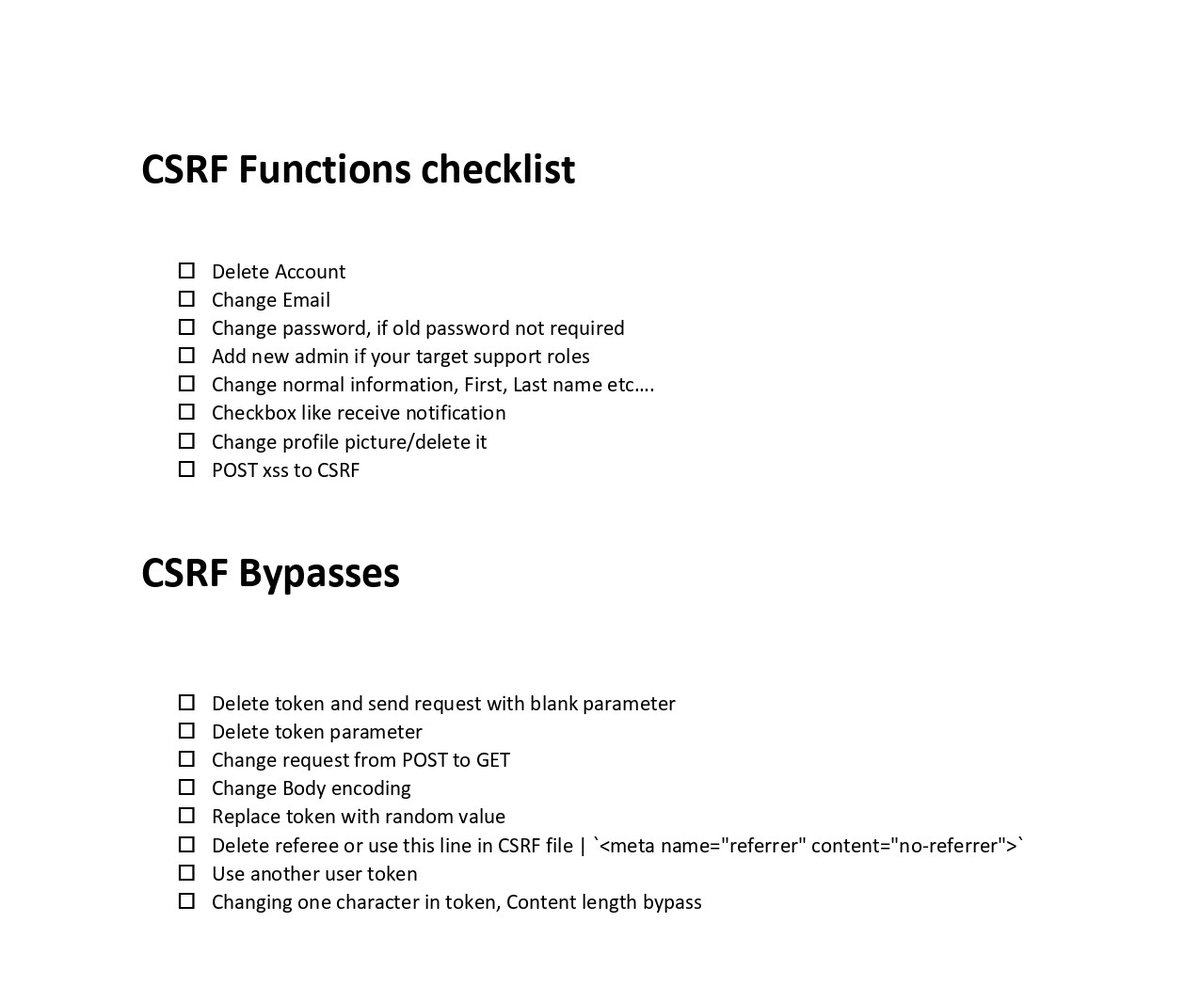CSRF Functions + Bypass Checklist

#bugbounty #bugbountytips