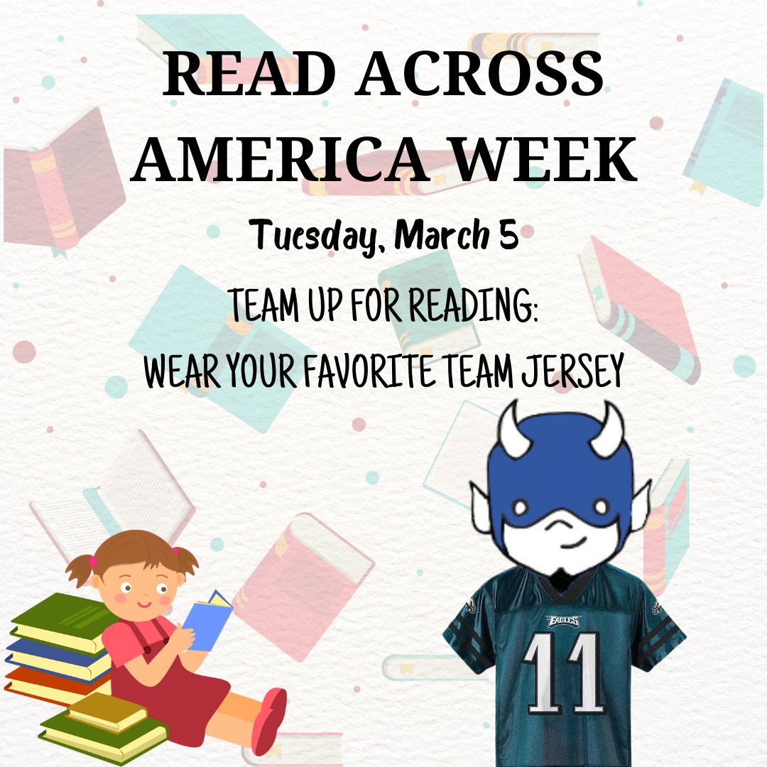Tomorrow, Tuesday, March 5, has the theme Team Up For Reading.  Make sure you wear your favorite team jersey or shirt!
#ReadAcrossAmericaWeek #TeamJersey #CityStrong #CityProud