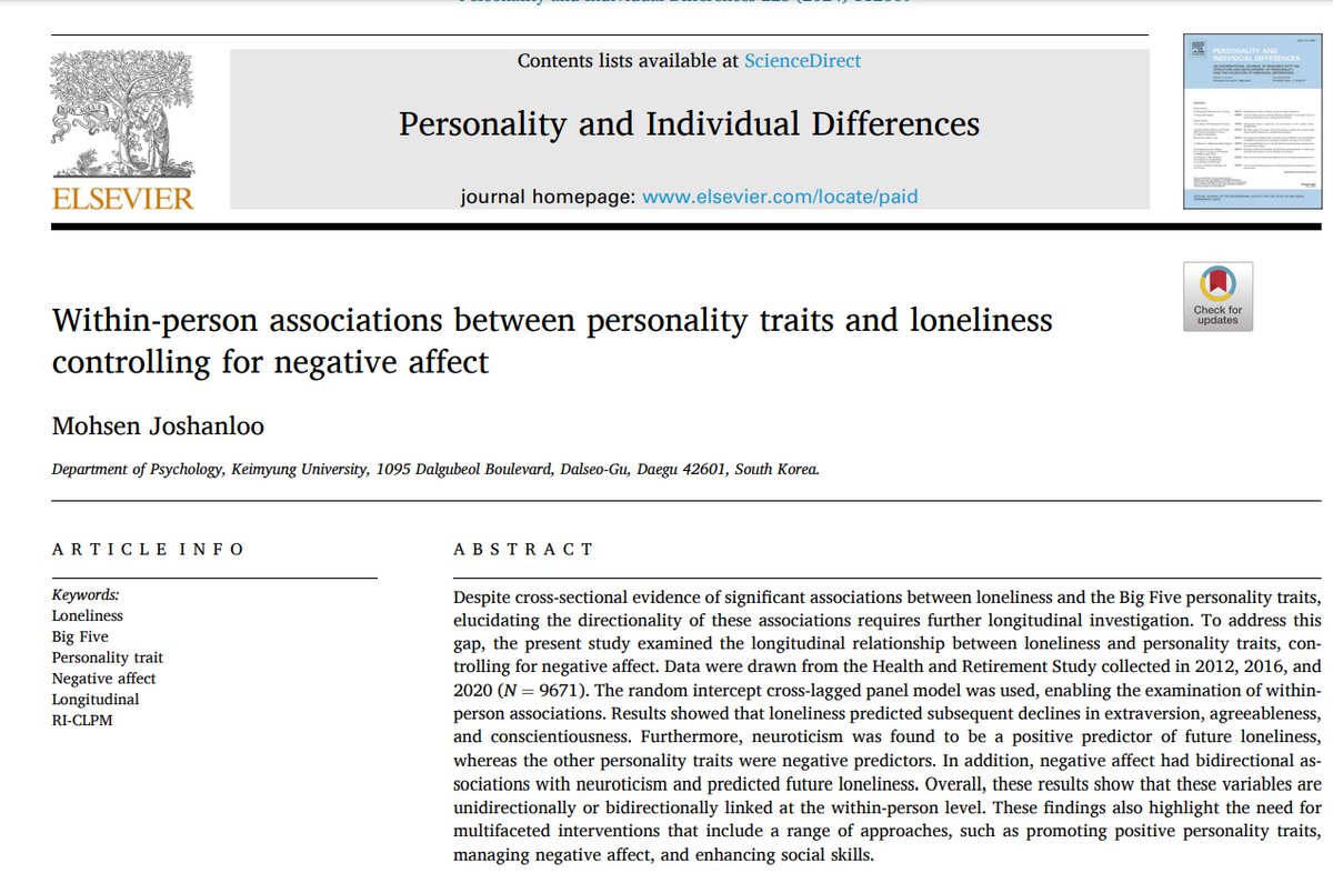 My new study: chronic loneliness predicts changes in personality, leading to declines in extraversion, agreeableness, and conscientiousness. Positive personality changes can protect against future loneliness.

free access: authors.elsevier.com/a/1ihqdheKdyIsq