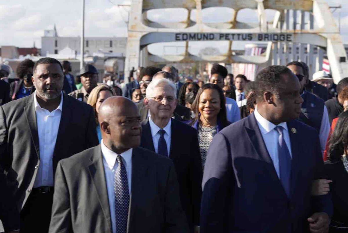 U.S. Department of Justice (@thejusticedept) on Twitter photo Today, AG Garland & <a href="/CivilRights/">DOJ Civil Rights Division</a> AAG Clarke crossed the Edmund Pettus Bridge in honor of the hundreds of non-violent protestors who were injured on #BloodySunday – a turning point in the Civil Rights Movement that led to The Voting Rights Act. Today, AG Garland & <a href="/CivilRights/">DOJ Civil Rights Division</a> AAG Clarke crossed the Edmund Pettus Bridge in honor of the hundreds of non-violent protestors who were injured on #BloodySunday – a turning point in the Civil Rights Movement that led to The Voting Rights Act.