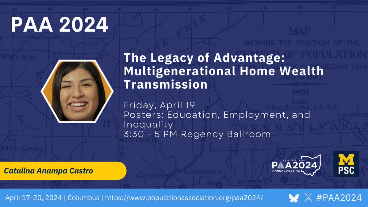 .@UM_PSC trainee @Catalinaanampa leverages new data linking the 1940 US Census to @umpsid to look at multi-generational wealth mobility. She finds unequal Black/White wealth mobility, and that multigenerational associations in home wealth disappear after 2 generations. #PAA2024