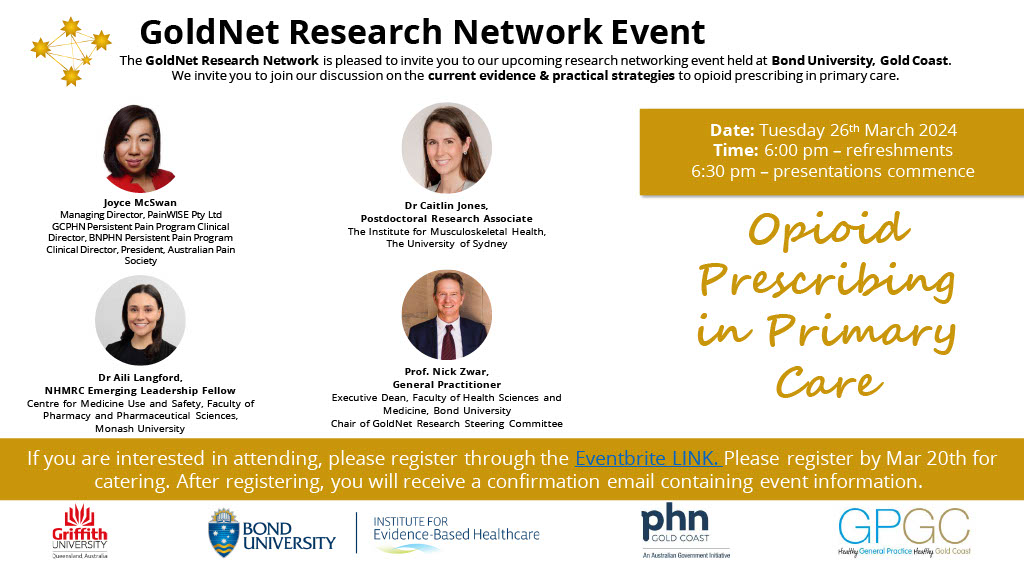 GoldNet Research (@goldnetresearch) on Twitter photo Want to learn about the latest on opioid prescribing in primary care? Come along to our research networking event, on 26th March at 6pm, on opioid prescribing in primary care <a href="/BondUniversity/">Bond University</a> For more details and to register, eventbrite.com.au/e/goldnet-rese… Want to learn about the latest on opioid prescribing in primary care? Come along to our research networking event, on 26th March at 6pm, on opioid prescribing in primary care <a href="/BondUniversity/">Bond University</a> For more details and to register, eventbrite.com.au/e/goldnet-rese…