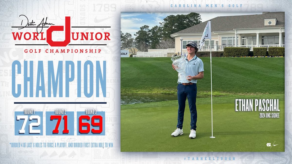 That's a good-looking trophy won by '24 signee Ethan Paschal with a birdie on the first extra hole at the Dustin Johnson World Junior Championship. #GoHeels