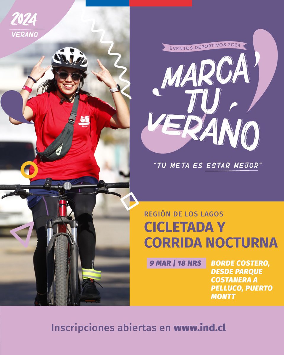 🚨¡Atención Puerto Montt!

🏃🏽‍♀️🏃🏽🏃🏽‍♂️🚲🚴‍♀️🚴🚴🏻‍♂️Cicletada y Corrida Familiar

📆Sábado 09 de marzo
🕰️18:00 horas
📍Parque Costanera

¡Participa e inscríbete! 👇

ind.cl/evento/cicleta…