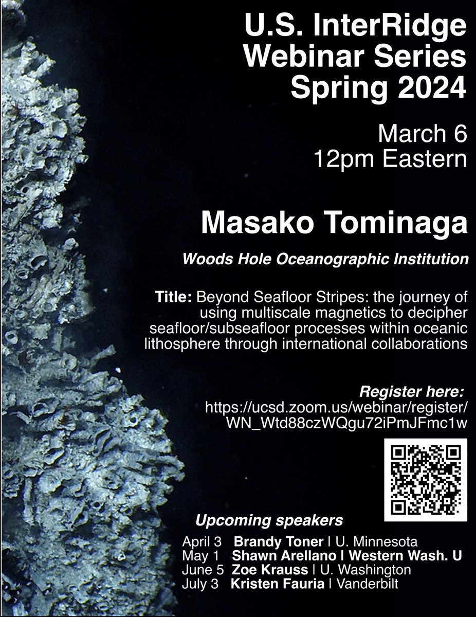 U.S. InterRidge is launching a brand-new monthly webinar, with everything from mid-ocean ridges to the deep abyss: science above, at and below the #seafloor! Next speaker: Masako Tominaga, @WHOI 6 March | 12pm ET Register: ucsd.zoom.us/webinar/regist… Upcoming schedule 👇