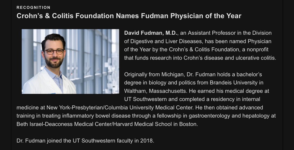Well-deserved! Congratulations👏🎉

#GITwitter #MedTwitter <a href="/CrohnsColitisFn/">Crohn's & Colitis Foundation</a> <a href="/MondayNightIBD/">#MondayNightIBD</a> @UTSWNews