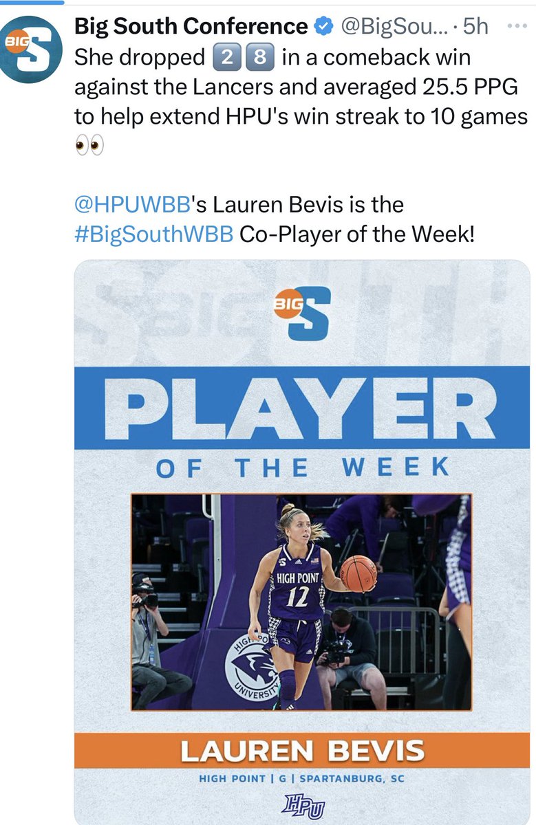 Winston-Salem Stealers Trivia! @LaurenBevis4 of @HPUWBB was named @BigSouthSports Player of the Week (POTW)! In our 28 years as a program, how many times has an alum been named POTW during that span (DI, DII, DIII, NAIA, JUCO)? Take a guess below? #GOSTEALERS!!!