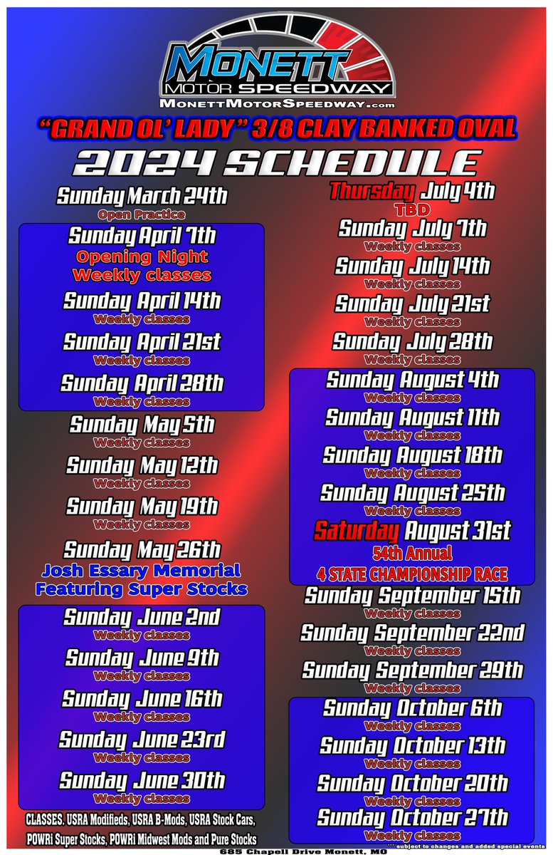 Grand Things Take Time 

Monett Motor Speedway 2024 Schedule