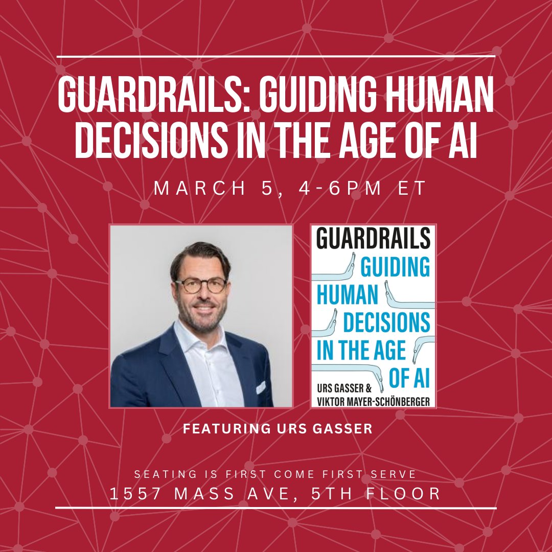 Former @BKCHarvard Executive Director @ugasser, in conversation with @lisard and @schneierblog, will be discussing his new book, 'Guardrails: Guiding Human Decisions in the Age of AI.' Join us for this hybrid 'homecoming' event tomorrow from 4-6PM ET. cyber.harvard.edu/events/guardra…