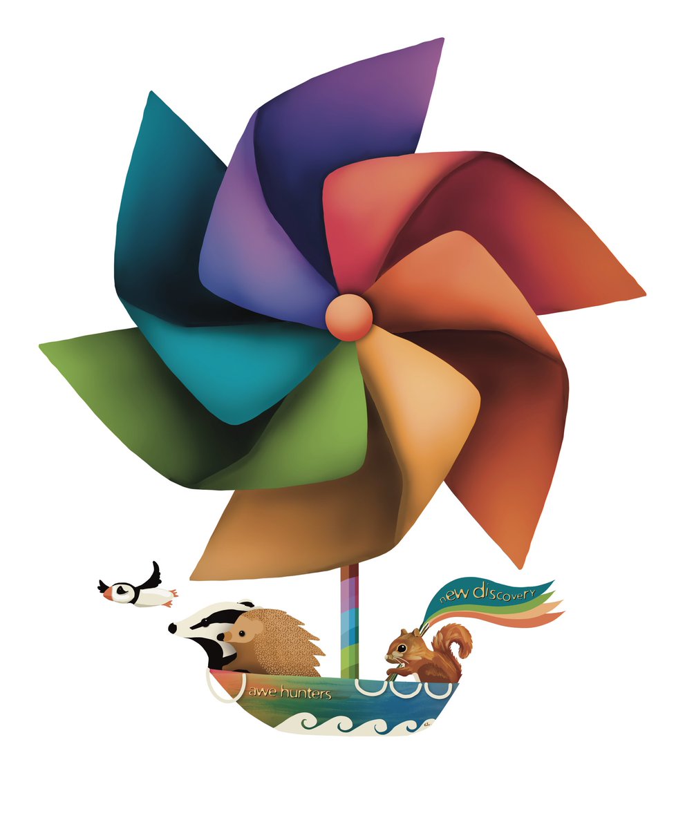 My new painting #AweHunters little #adventurers headed to #destinations unknown in search of #newdiscoveries  #Puffin  #Badger #Hedgehog #Squirrel their #boat is powered by a #WindFlower or #Pinwheel or #Wheeligig 5 hours to create. 
Prints soon karin.redbubble.com #RBandME