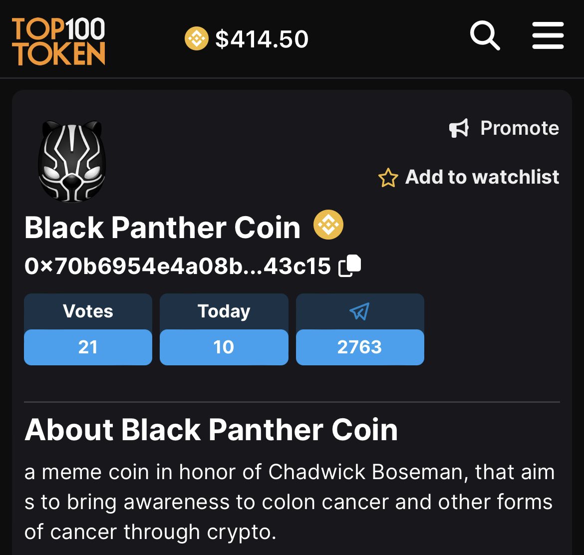 You can now find #BlackPantherCoin🟣 #PNTHR🐈‍⬛ listed @top100token as we continue to make ourselves known #CryptoCommunity