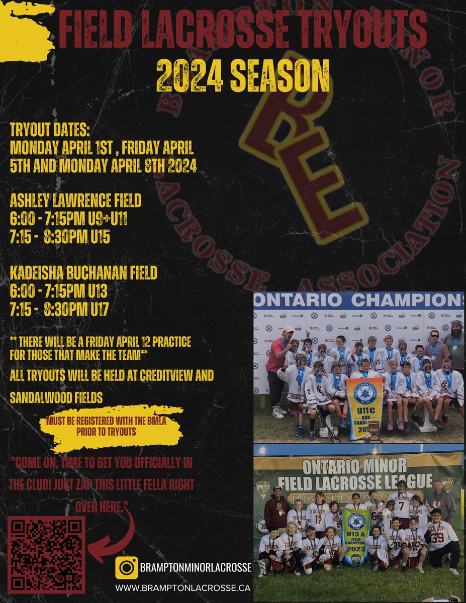 Field Lacrosse Tryouts announced!!! Must be registered prior to tryouts!

Please read post carefully. Any questions please email bmla1943@gmail.com or visit our website @ bramptonlacrosse.ca