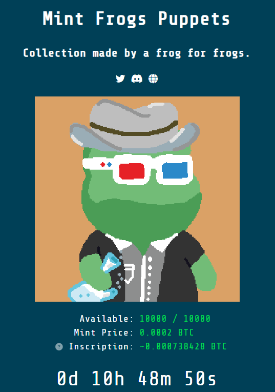 Frogs Puppets.
Launchpad:inscribenow.io/collections/57…
12h for WL mint. 15:00 UTC - 17:00 UTC - PHASE 3
Mint price WL: 0,00018 btc ($8 - 20% discount) All elegible collections like PMB, OMB, BitcoinPuppets, Bitcoin Frogs &amp; More

RT+Like Will be considered for 1x Free claim