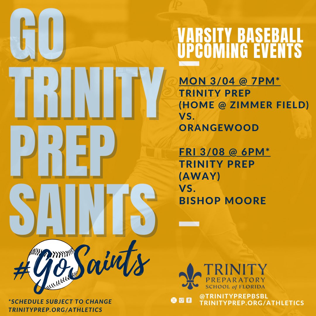 Come out tomorrow, Monday, 3/04 to cheer on your Trinity Prep baseball team!
Home Game: Start⏱️@ 7pm vs. Orangewood #GoSaints #trinityprepbsbl #playball
#highschoolbaseball #trinityprep