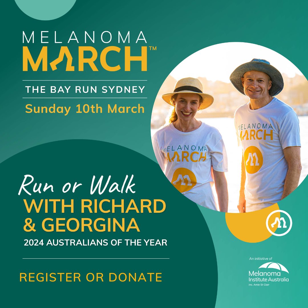 Excited to be hosting inaugural #MelanomaMarch Sydney at the Bay Run this Sunday with @ProfRScolyerMIA. Join us for 7km run or 4km walk. Sign up at melanomamarch.org.au or donate to our page>  sydney.melanomamarch.org.au/page/Richardan… All donations support our lifesaving research.