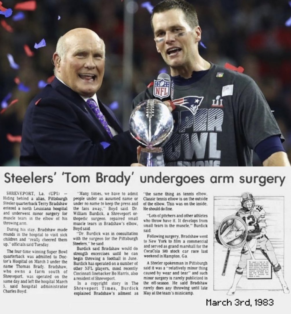 41-YEARS AGO TODAY: Legendary #Steelers QB Terry Bradshaw needed shoulder surgery but he did not want to draw attention to himself so he assumed a pseudonym, TOM BRADY…. 🤯🤯🤯 @TomBrady was only 6-years old at the time.