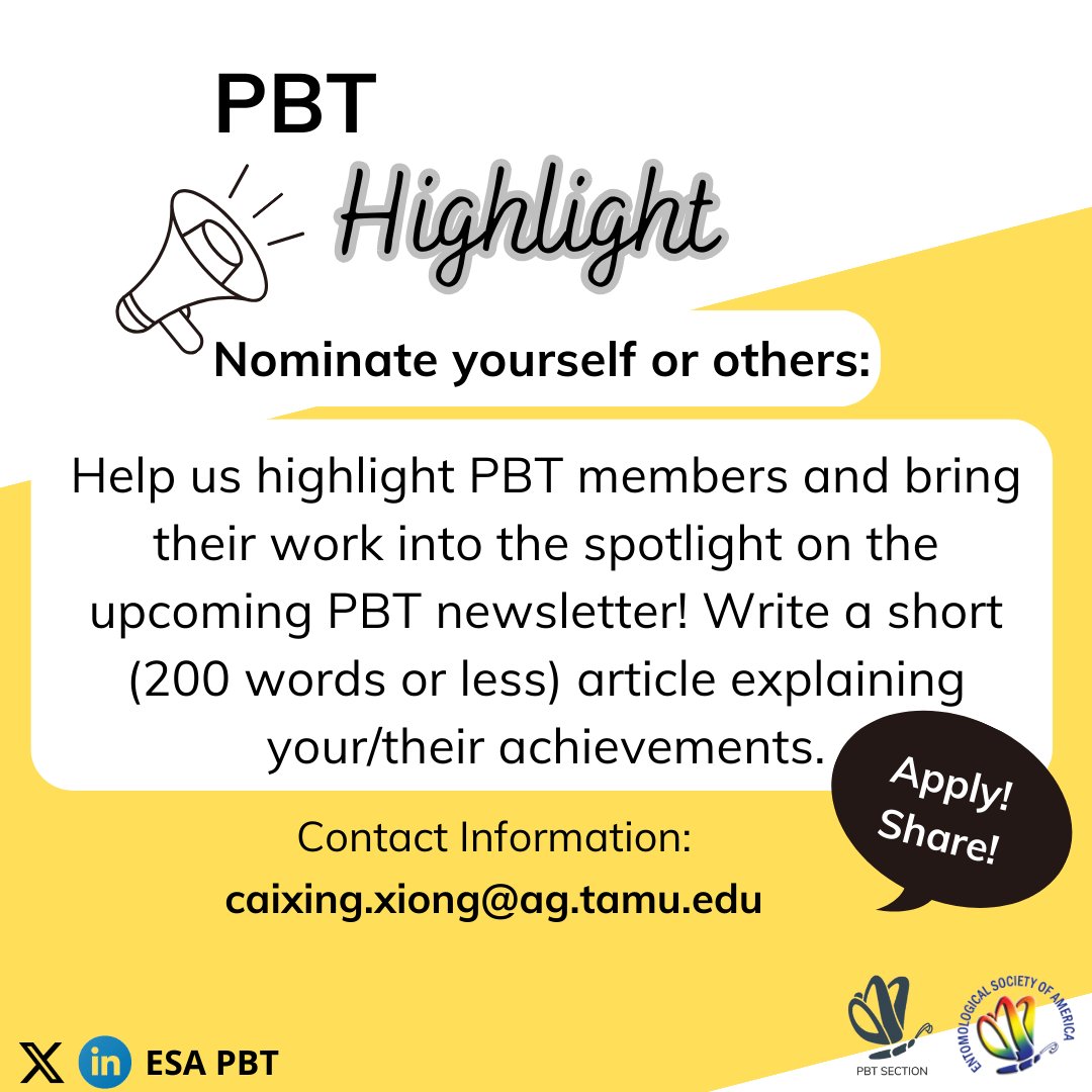 Help us highlight PBT members and bring their work into the spotlight on the future PBT newsletter! Write a short (200 words or less) article explaining your/their achievements and email to caixing.xiong@ag.tamu.edu

<a href="/EntsocAmerica/">Entomological Society of America</a> #PBT #spotlight