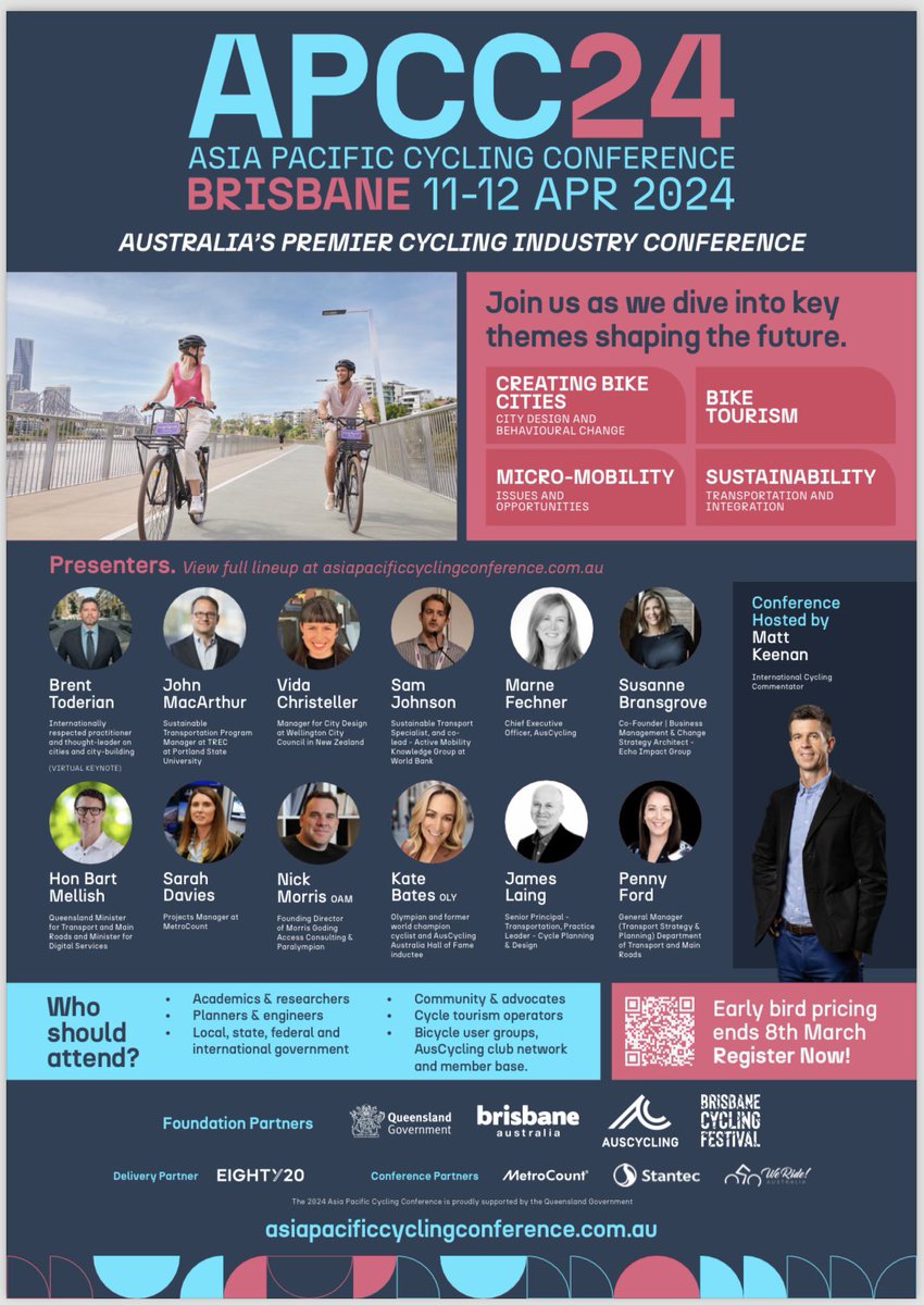 HEADS UP, Australia! I’m excited to be the virtual keynote, joining a great speaker lineup, at the Asia Pacific Cycling Conference @apcc_brisbane in Brisbane April 11-12 (get early bird tickets before March 8). Please spread the word and learn more here: 
asiapacificcyclingconference.com.au/program