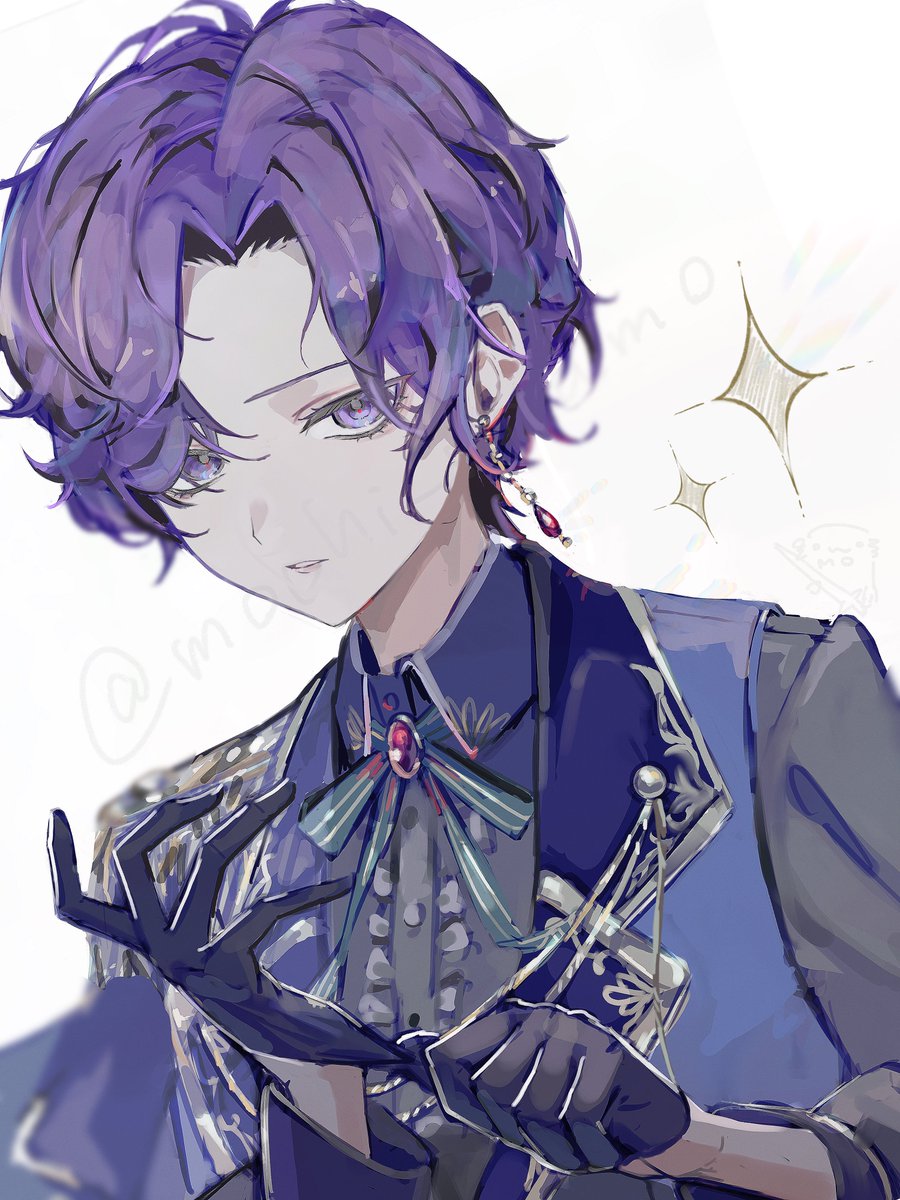 gloves purple eyes purple hair solo jewelry 1boy male focus  illustration images