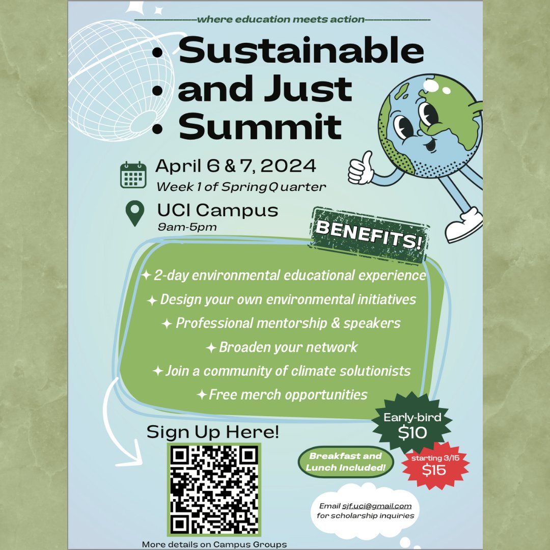 🌱 ESS students @UCI, join the student club-led Sustainable and Just Summit, Apr 6-7! Network, learn, and create at this impactful event. Info & sign up: cglink.me/2eo/r1931969Qu…? 📩 sjf.uci@gmail.com #UCIEvents #Sustainability