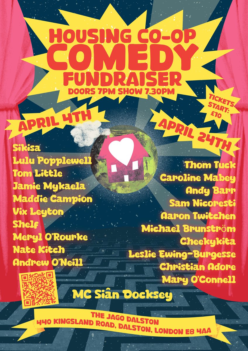 Folks I am so stoked to be hosting✨TWO NIGHTS✨ of 🔥🔥🔥 comedy to raise 💸 for more affordable & ethical housing @MAJHousingCoop 🏠💛 Come help my friend & her kid not be homeless & make noise for housing justice with these killer bills 🤩🎉 🎟️🎟️🎟️ outsavvy.com/event/18836/ho…