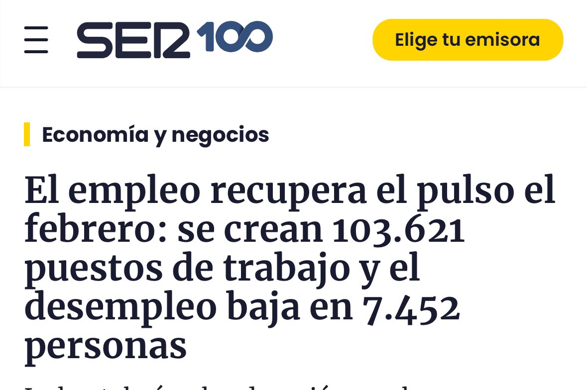España crea 103.621 puestos de trabajo en el mejor febrero desde 2007 y el paro baja en 7.452 personas. Os va a costar un ratito ver esta noticia bien situada en algunos digitales. Paciencia.