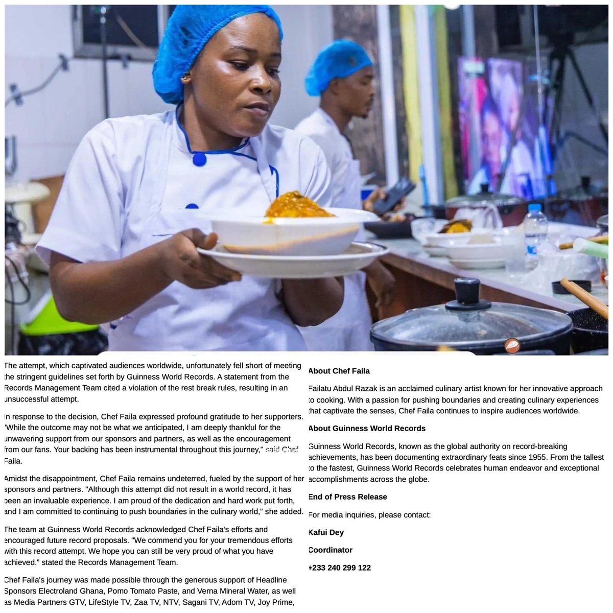 theway1714's tweet photo. BREAKING🚨: Ghanaian Chef Falia's Cook-a-thon attempt disqualifed by Guiness World Record https://t.co/JpgtX52UnB