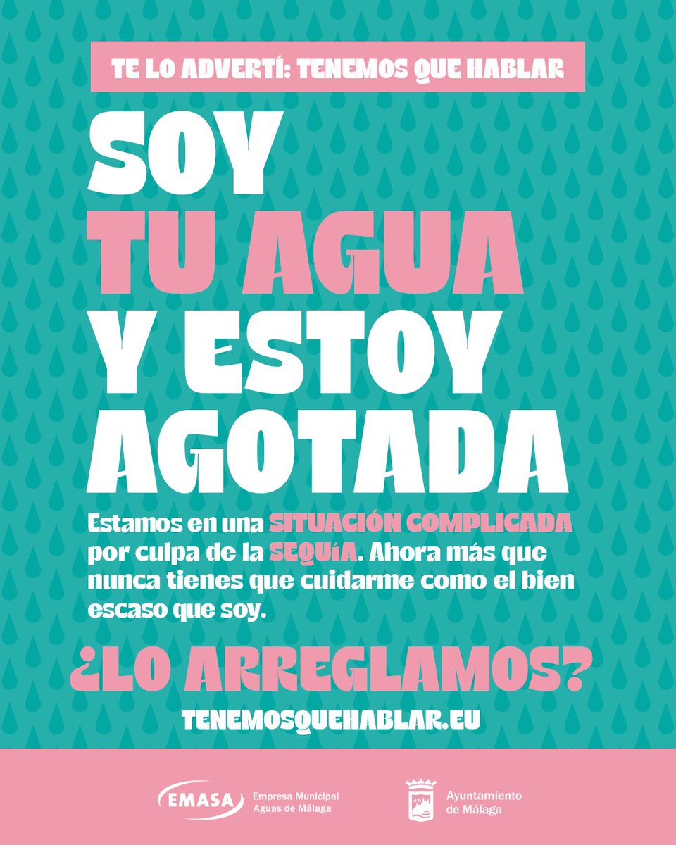 Buenos días. Queremos hablarte sobre un tema importante que nos concierne a todos: el agua. En Málaga, nos enfrentamos a un desafío serio debido a la sequía y ahora más que nunca tenemos que ser responsables.  
💧 Te contamos cómo en: tenemosquehablar.eu