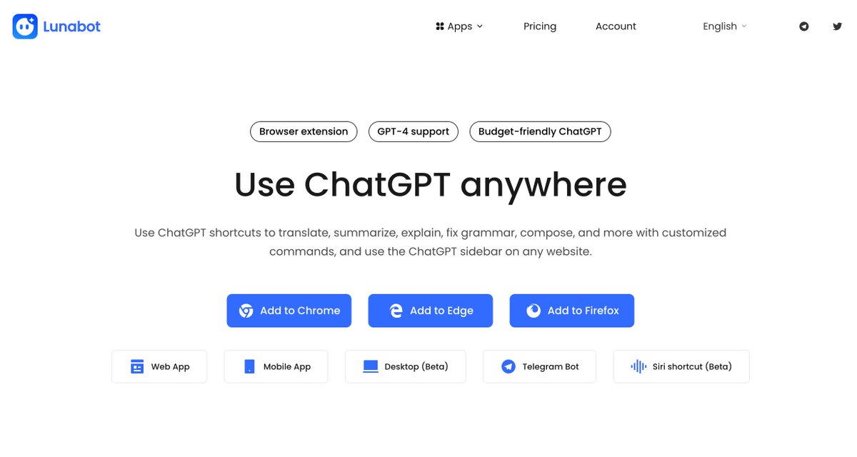 lunabotai's tweet image. #Lunabot ,helps you simplify your work anytime, anywhere. 🖐️Seamlessly integrate ChatGPT on any web page, allowing you to use quick commands and write, translate, and more. 🚫No OpenAI API keys or ChatGPT account required.