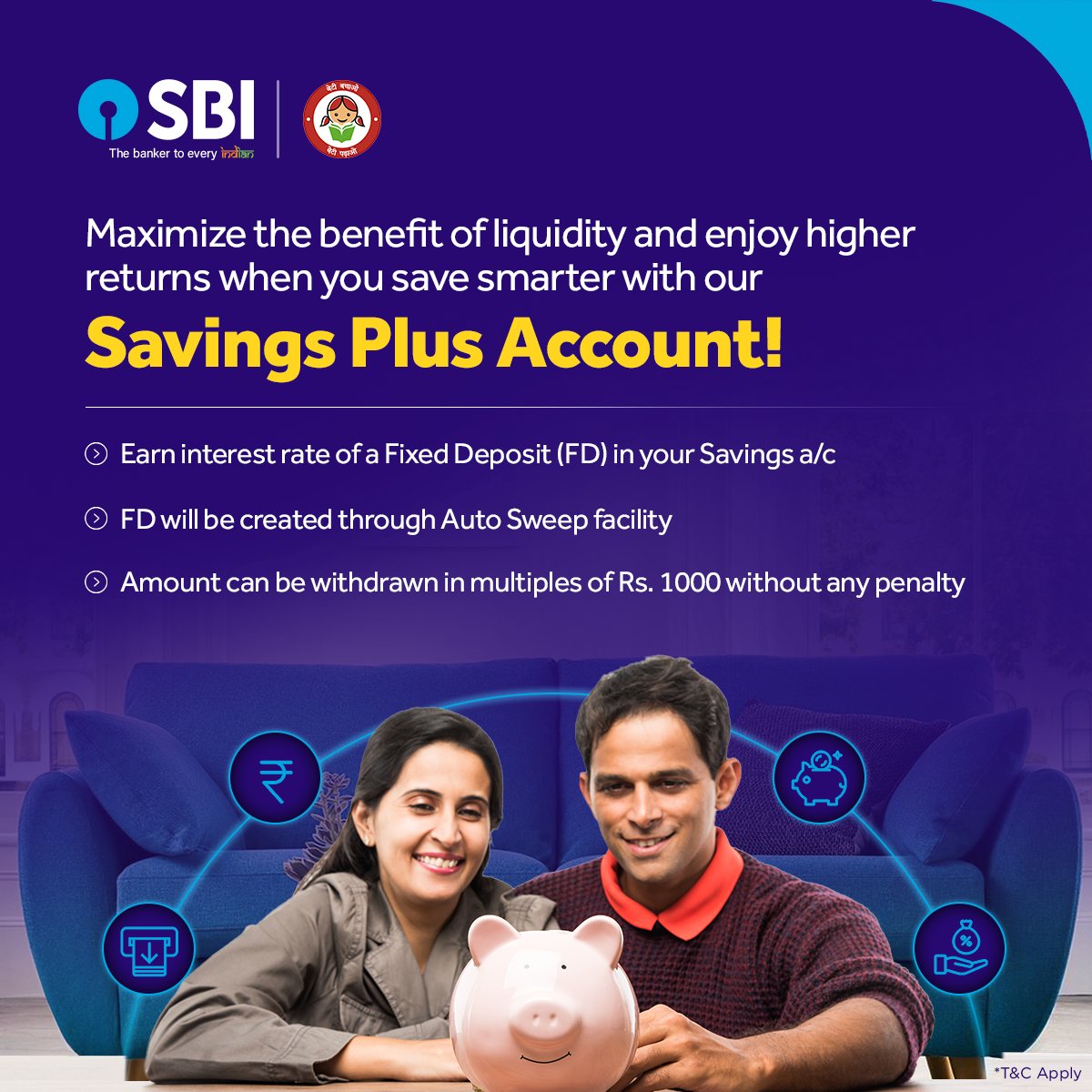 Brighten your financial future.

Open your Savings Plus account with SBI today!

To learn more, visit: bank.sbi/web/personal-b…

#SBI #SavingsPlusAccount #DeshKaFan #TheBankerToEveryIndian #SaveSmartWithSBI