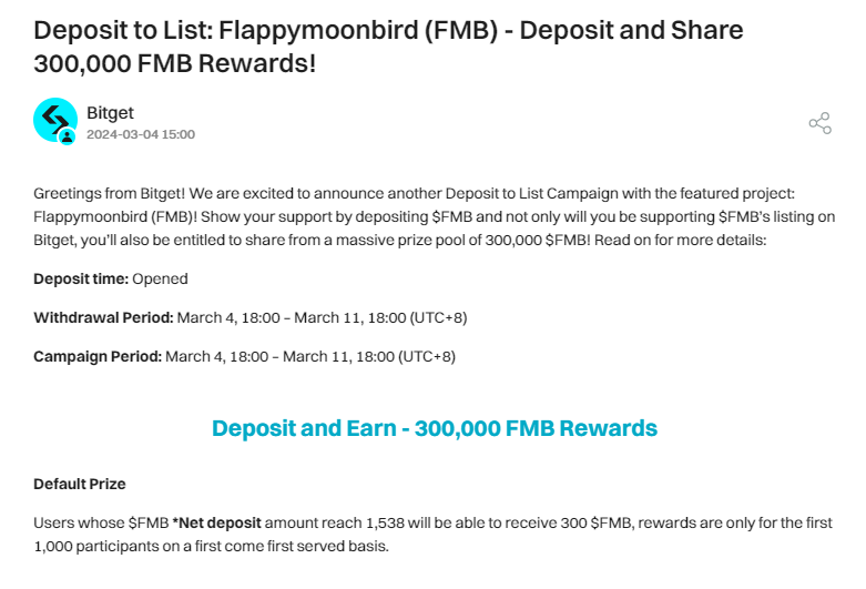 🍹Join <a href="/bitgetglobal/">Bitget</a> X $FMB Deposit to List event and share 300,000 $FMB

We are thrilled to work with #Bitget  to bring out this event. 

🎊Minimum deposit of 1538 $FMB will give you a chance to receive an equivalent airdrop.

-RT, like, share this tweet
-Fill out the form: