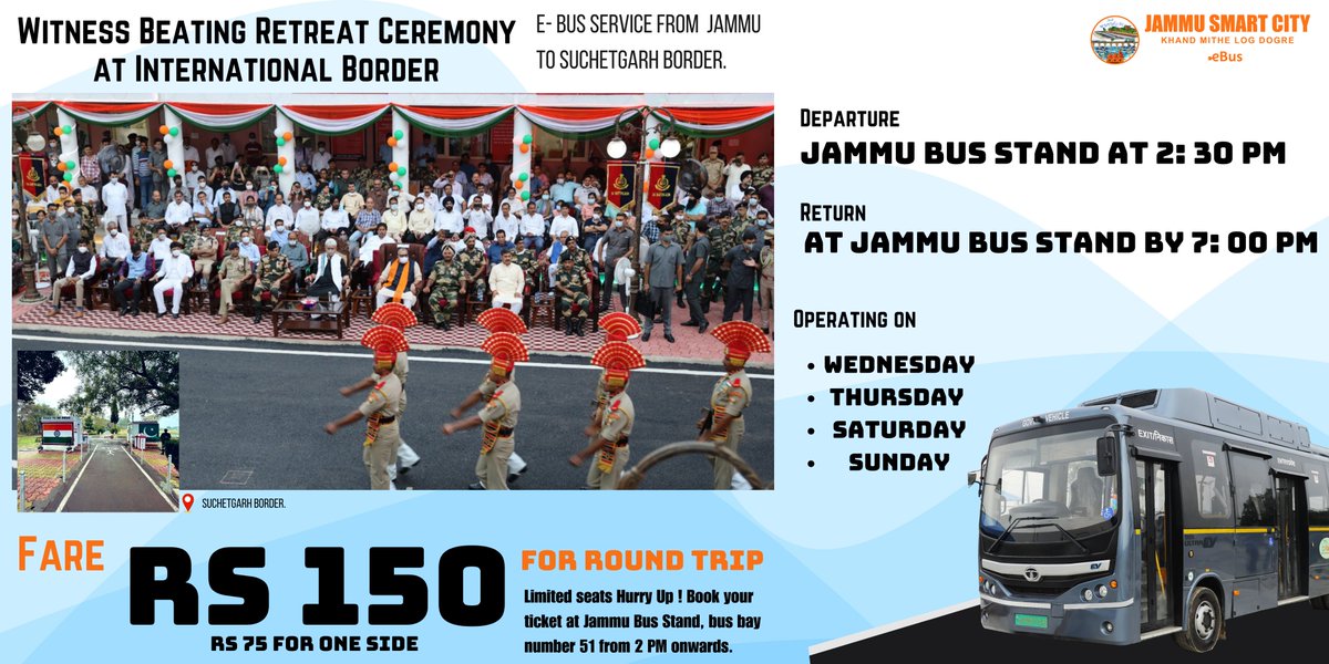 Jammu_SmartCity's tweet photo. Embark on a green journey with  new electric bus service! From Jammu Bus Stand to Suchetgarh Border, witness the captivating Beating Retreat Ceremony. 
@OfficeOfLGJandK
@SmartCities_HUA
@yaduvanshirahul
@RakeshKGupta_
@JPSinghJKAS
@AshishAnandTalk https://t.co/Dw0lrMEIZD