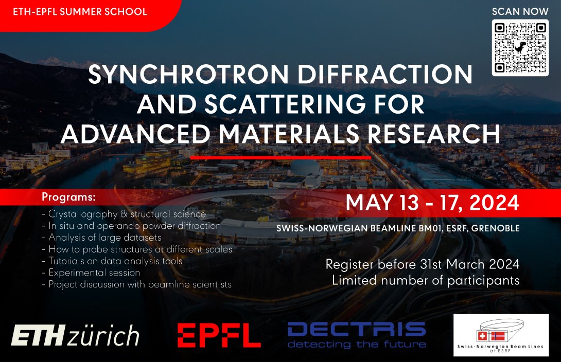 LESE_Group (@grouplese) on Twitter photo SNBL school 2024: 💎🔦Synchrotron diffraction and scattering for advanced materials research.
📆May 13-17. 🌄Grenoble, France
A few places are still available! We thank the support of <a href="/ETH_en/">ETH Zurich</a> <a href="/EPFL/">EPFL</a> and <a href="/DECTRIS_News/">DECTRIS Ltd.</a>
sites.google.com/view/bm01schoo… SNBL school 2024: 💎🔦Synchrotron diffraction and scattering for advanced materials research.
📆May 13-17. 🌄Grenoble, France
A few places are still available! We thank the support of <a href="/ETH_en/">ETH Zurich</a> <a href="/EPFL/">EPFL</a> and <a href="/DECTRIS_News/">DECTRIS Ltd.</a>
sites.google.com/view/bm01schoo…